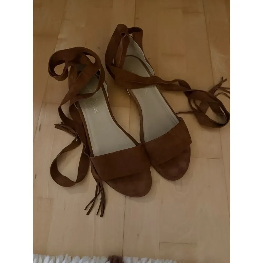 STUART WEITZMAN Brown Suede Corbata Ankle Wrap Sandal Flat 11